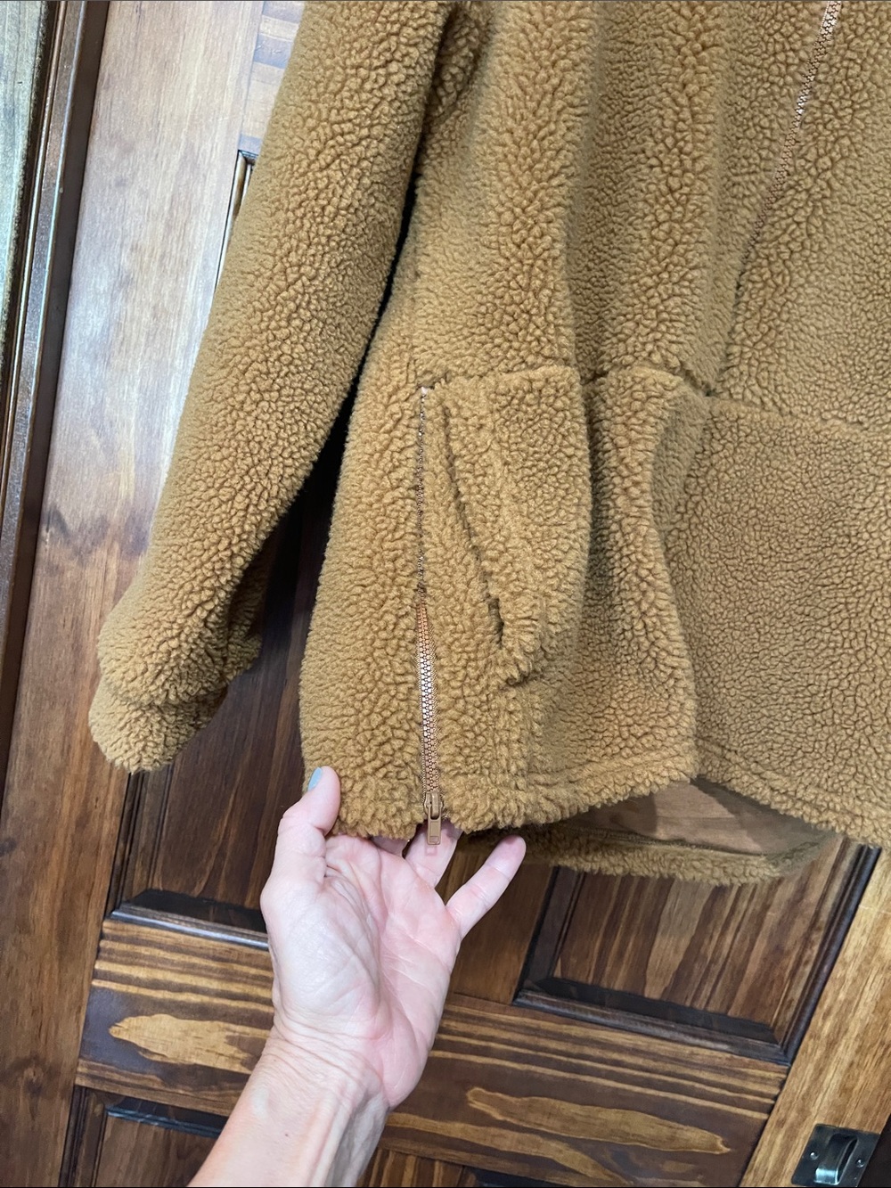 Fabletics Lotta Cozy Hooded Teddy Jacket in Camel XL - Picture 3 of 6